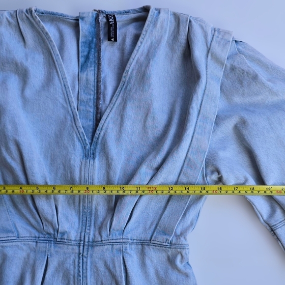 Zara Light Blue Pleated Denim Mini Dress Elbow Length Puff balloon Sleeves - Picture 10 of 16